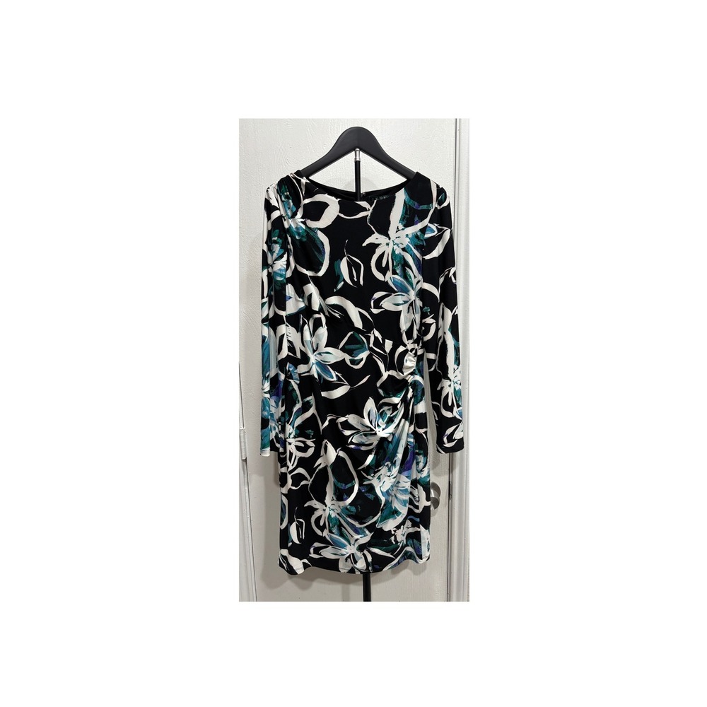 Lauren Ralph Lauren Floral Sheath Dress Black Teal White Ruched Long Sleeve 12
